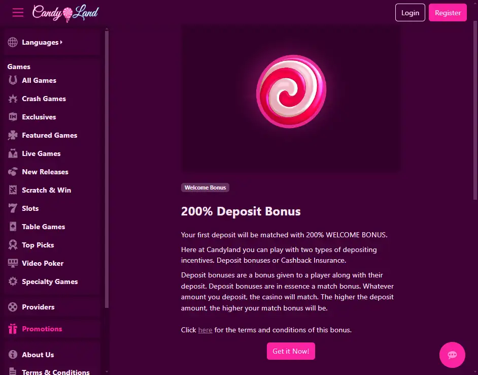 Candyland Casino 200% deposit bonus promotion page