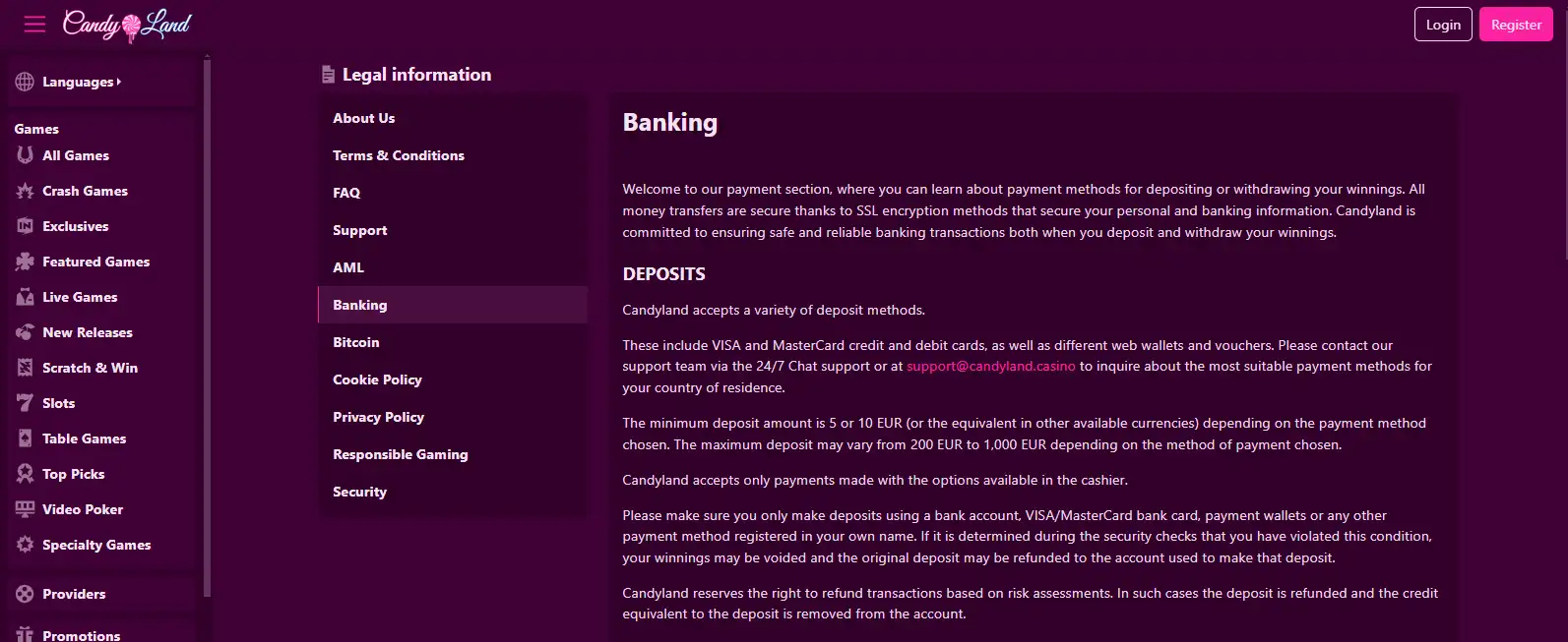 Candyland official Banking page showing deposit methods, minimum deposit guidance and payment terms