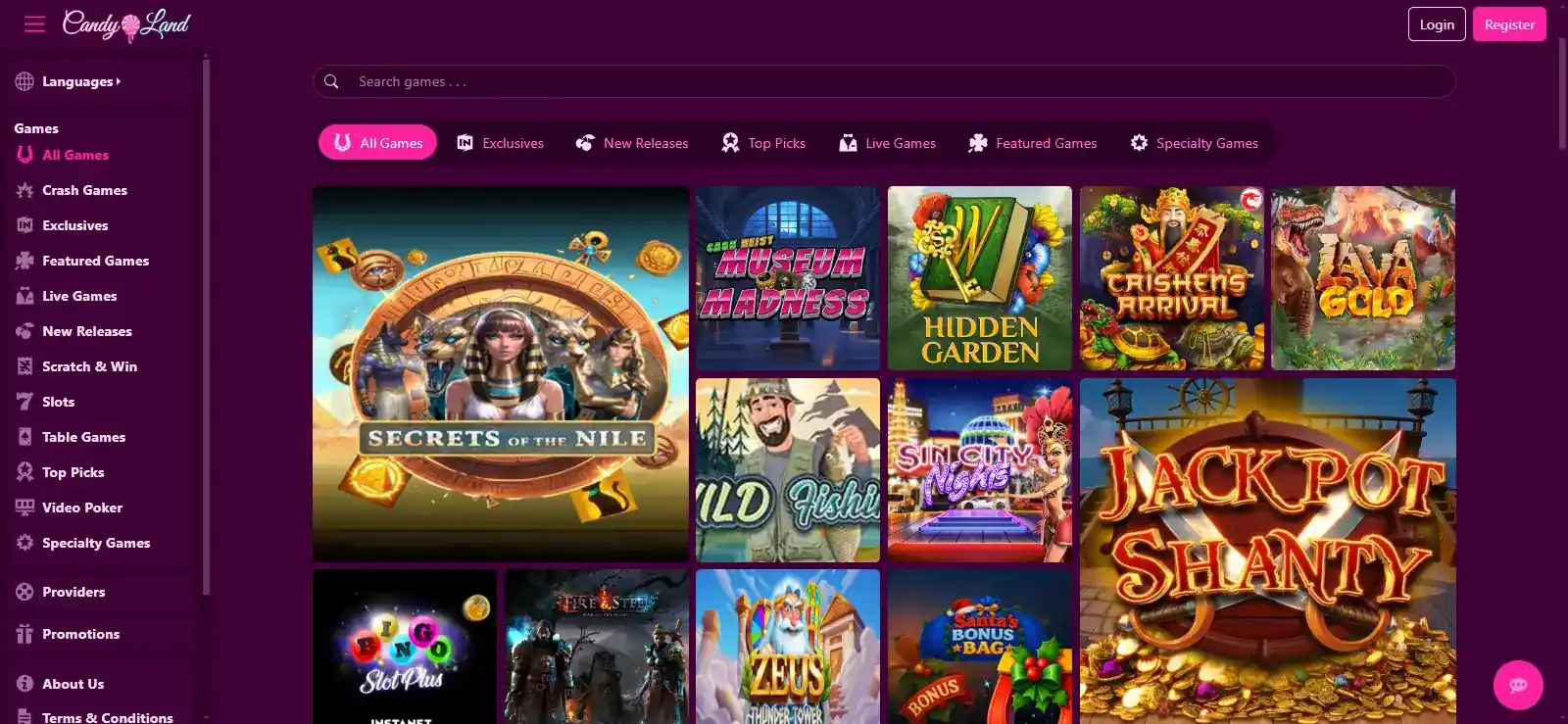 Candyland Casino game lobby with visible game tiles and navigation