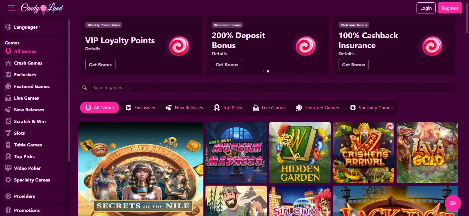 Candyland Casino official homepage branding and promotion area